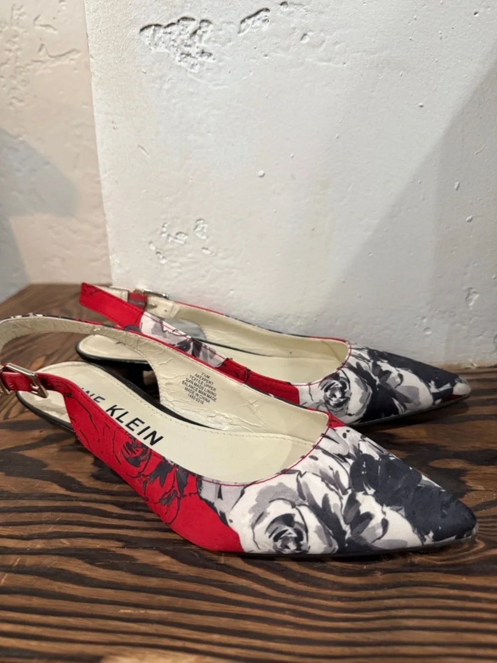 Anne Klein Red and Black Floral Pointed Slingback Kitten Heel Pumps